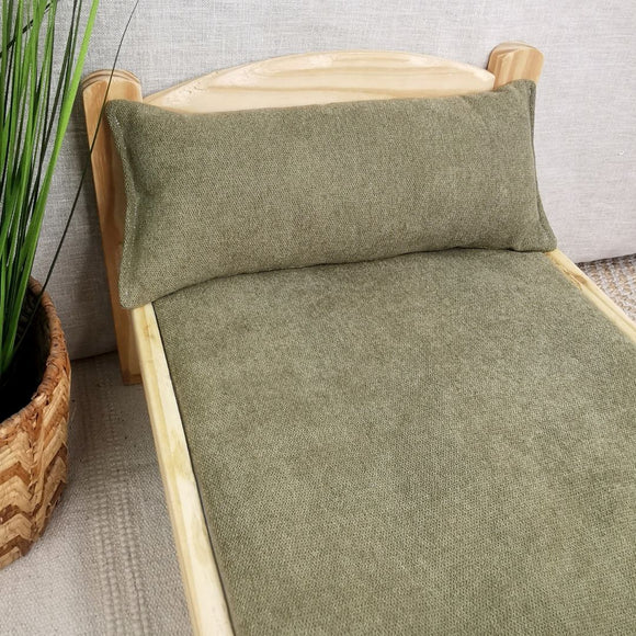 IKEA bed set - cushion + waterproof rug in olive wool