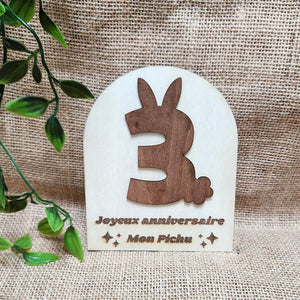 Plaque en bois Lapiversaire 🎂 -  Chiffre oreilles de lapin + Gravure personnalisée
